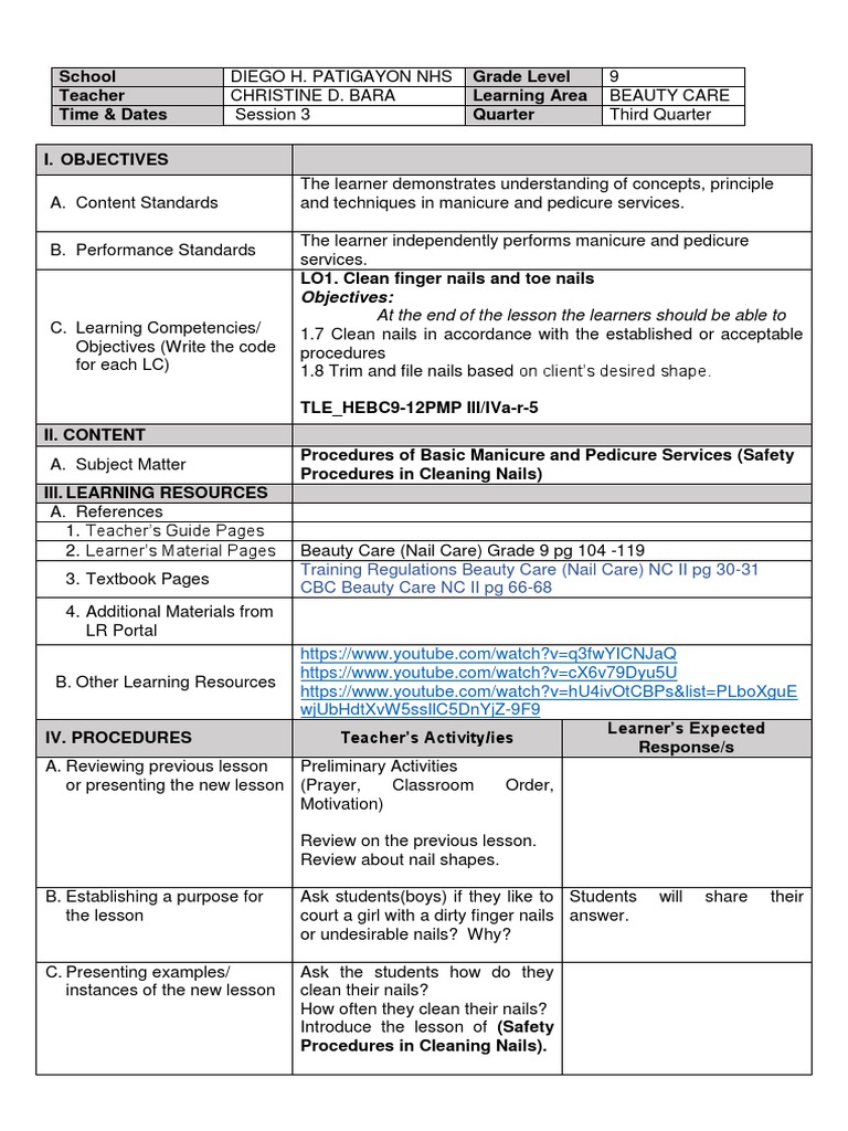 Nail Care Procedures and Lesson Plan | PDF | Nail (Anatomy) | Change