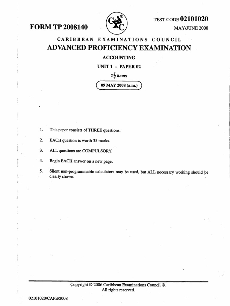 CAPE Accounting Unit 1 Paper 2 2008 | PDF | Expense | Debits And Credits