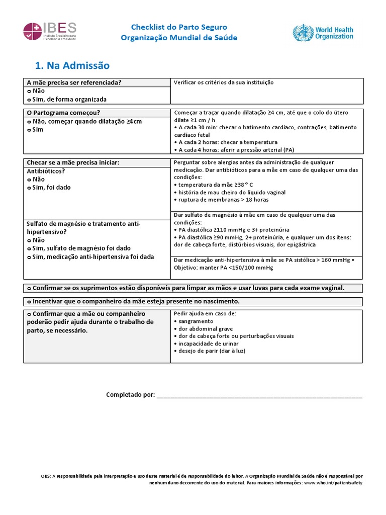 Checklist de Parto Seguro OMS | PDF | Parto | RTT