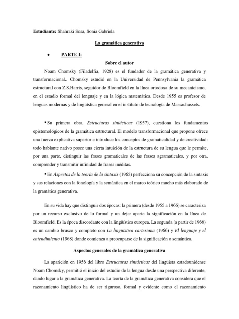Gramática Generativa Pdf Noam Chomsky Oración Lingüística