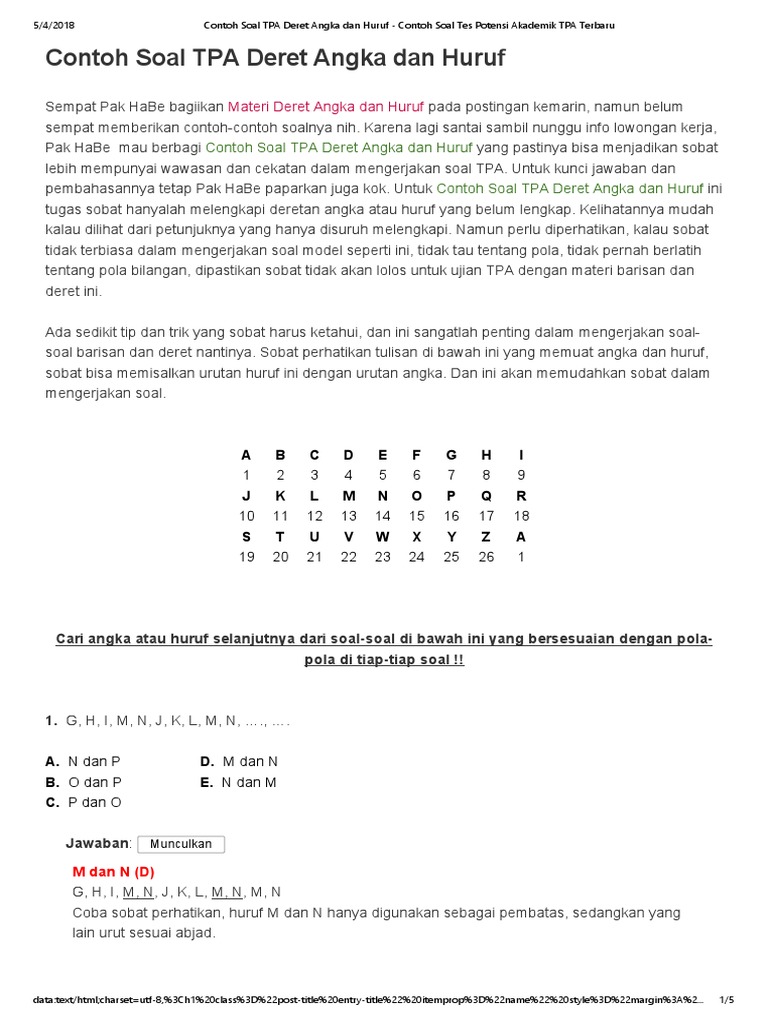 Contoh Soal Tpa Deret Angka Dan Huruf Pdf