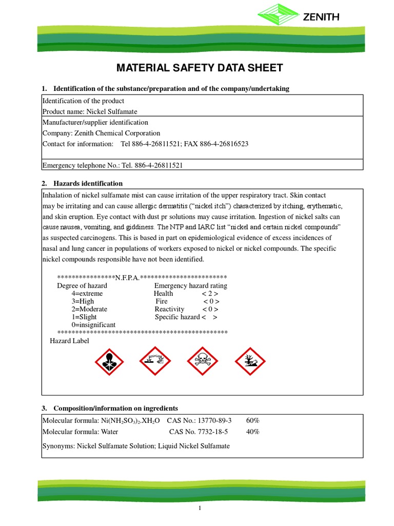 Material Safety Data Sheet Zenith Download Free PDF Nickel