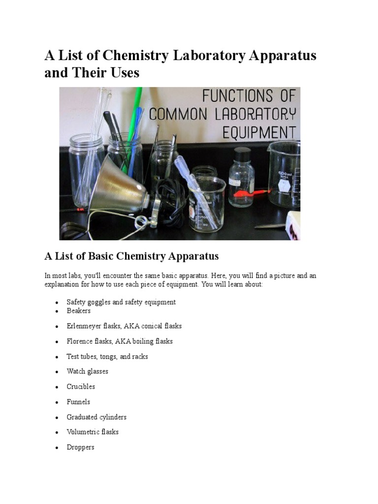 List of Chemistry Laboratory Apparatus and Their Uses PDF