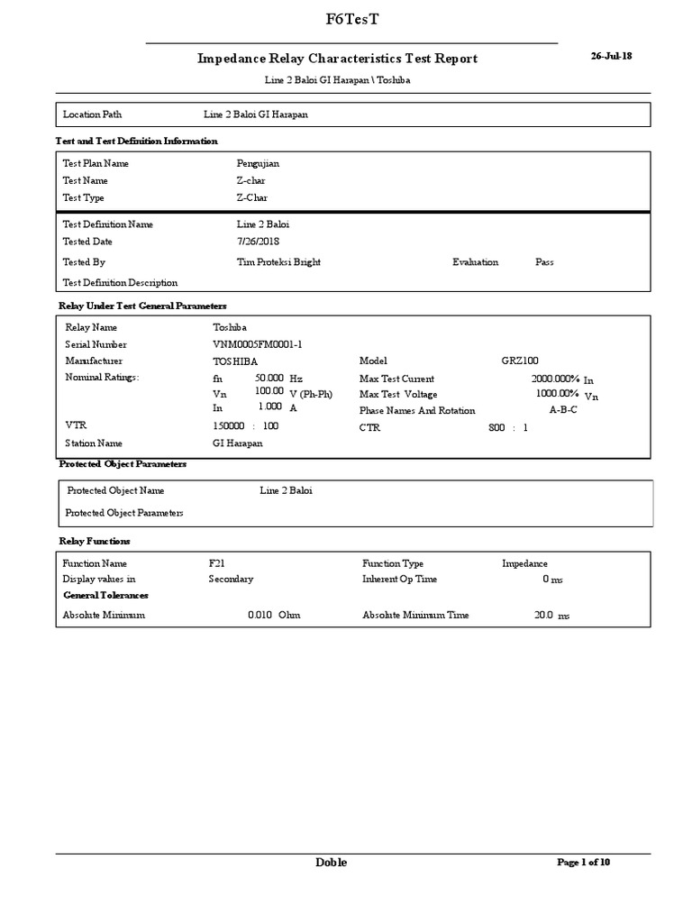 Impedance Relay Characteristics Test Report: Doble | PDF | Relay ...