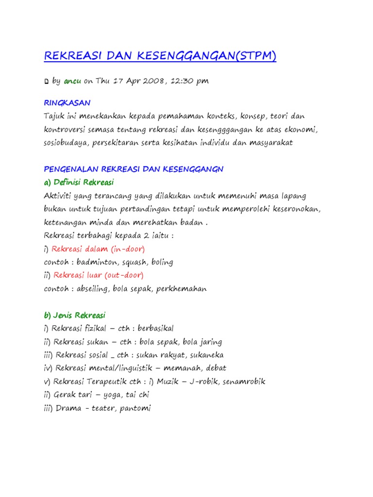 Rekreasi Dan Kesenggangan Pdf