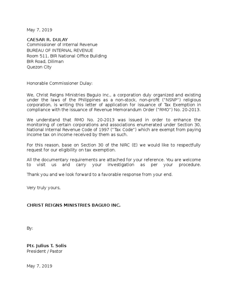 Application Letter - Tax Exempt | PDF
