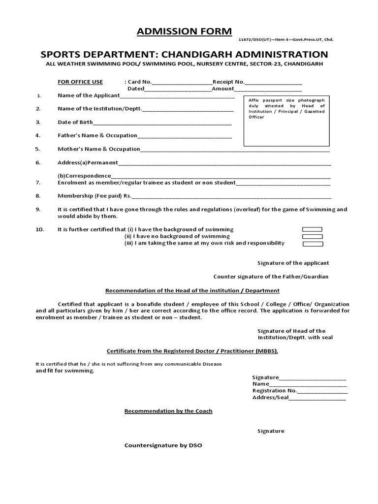 Admission Form Sports Department: Chandigarh Administration | PDF ...
