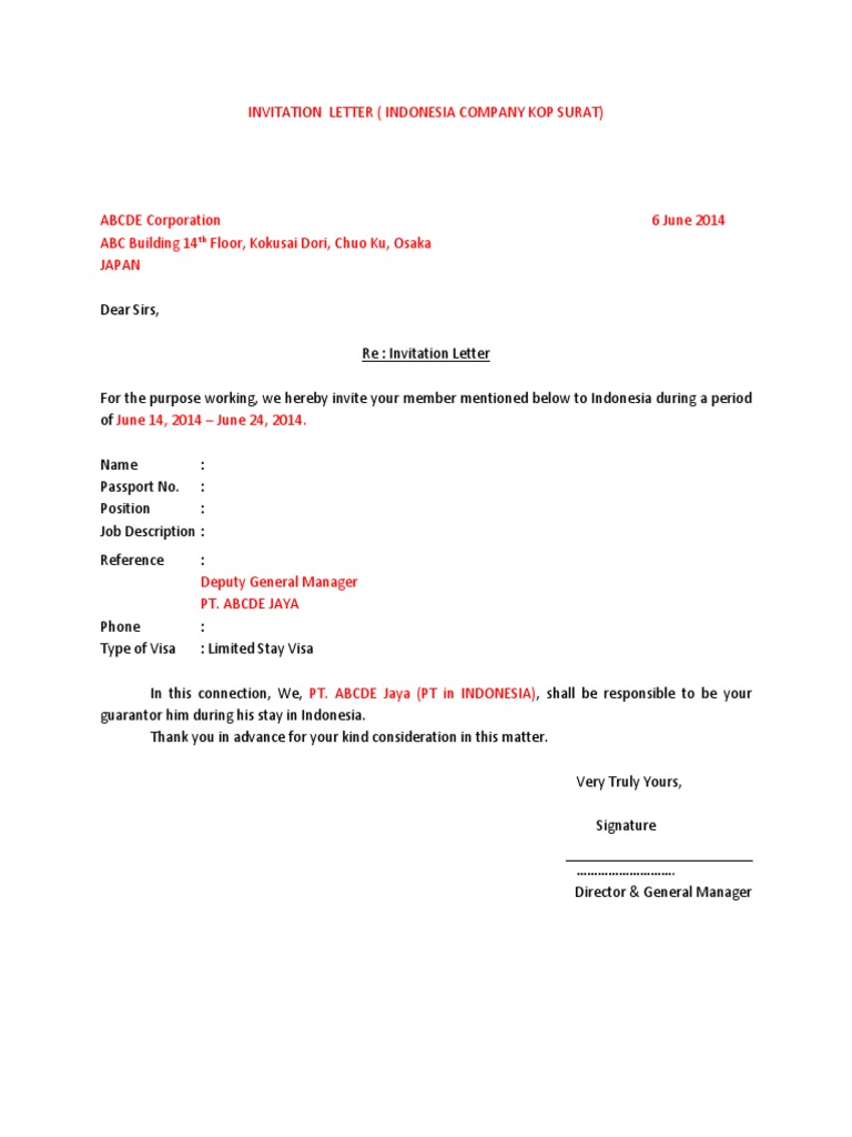 Draft Invitation Rekomendation Letter Utk Kbri Tokyo Travel Visa Immigration Law