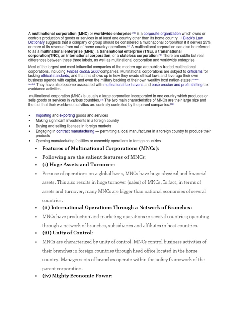 Features of Multinational Corporations (MNCS) PDF Multinational