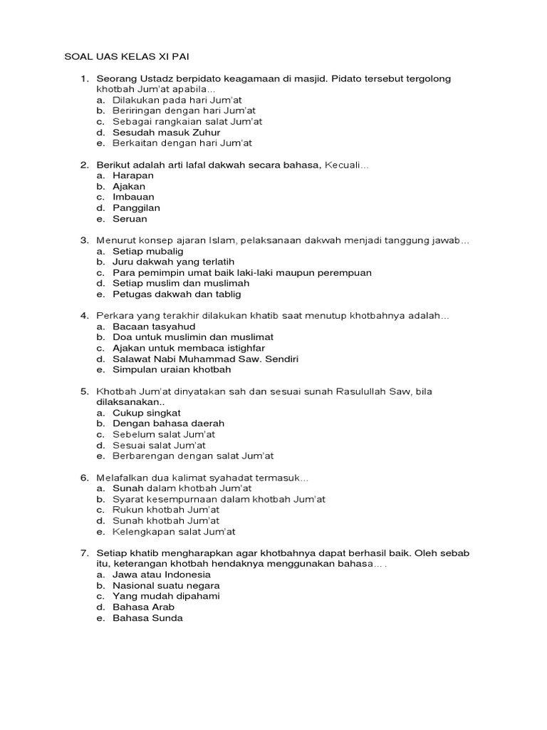 Soal Uas Kelas Xi Pai Semester 1 Nov 2018