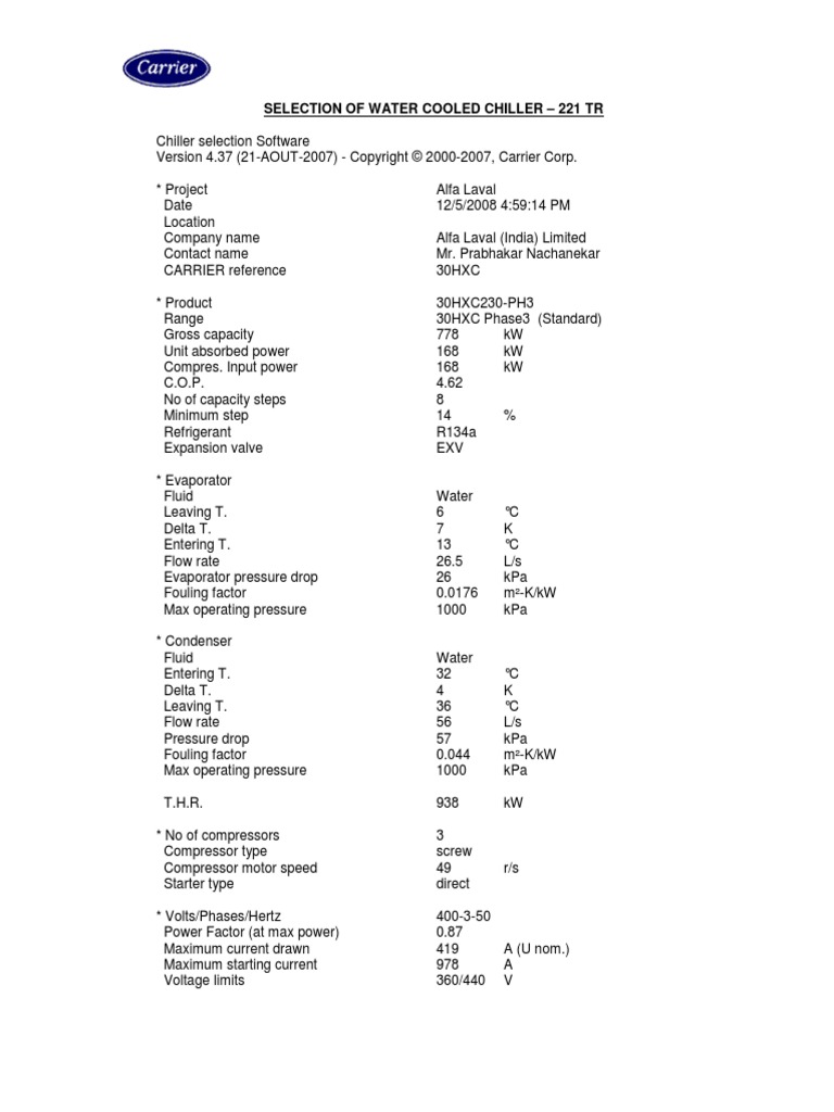 Selection of Water Cooled Chiller - 221 TR PDF | PDF | Thermodynamics ...