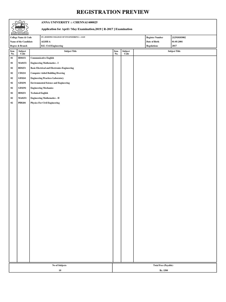 Anna University April/May 2019 Exam Registration | PDF | Engineering ...