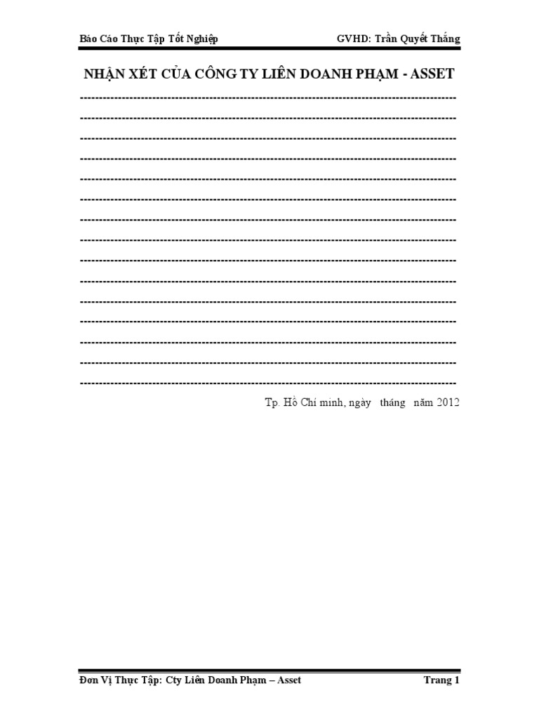 Bao Cao Thuc Tap Tai Cong Ty Lien Doanh Pham Asset 2087 | PDF