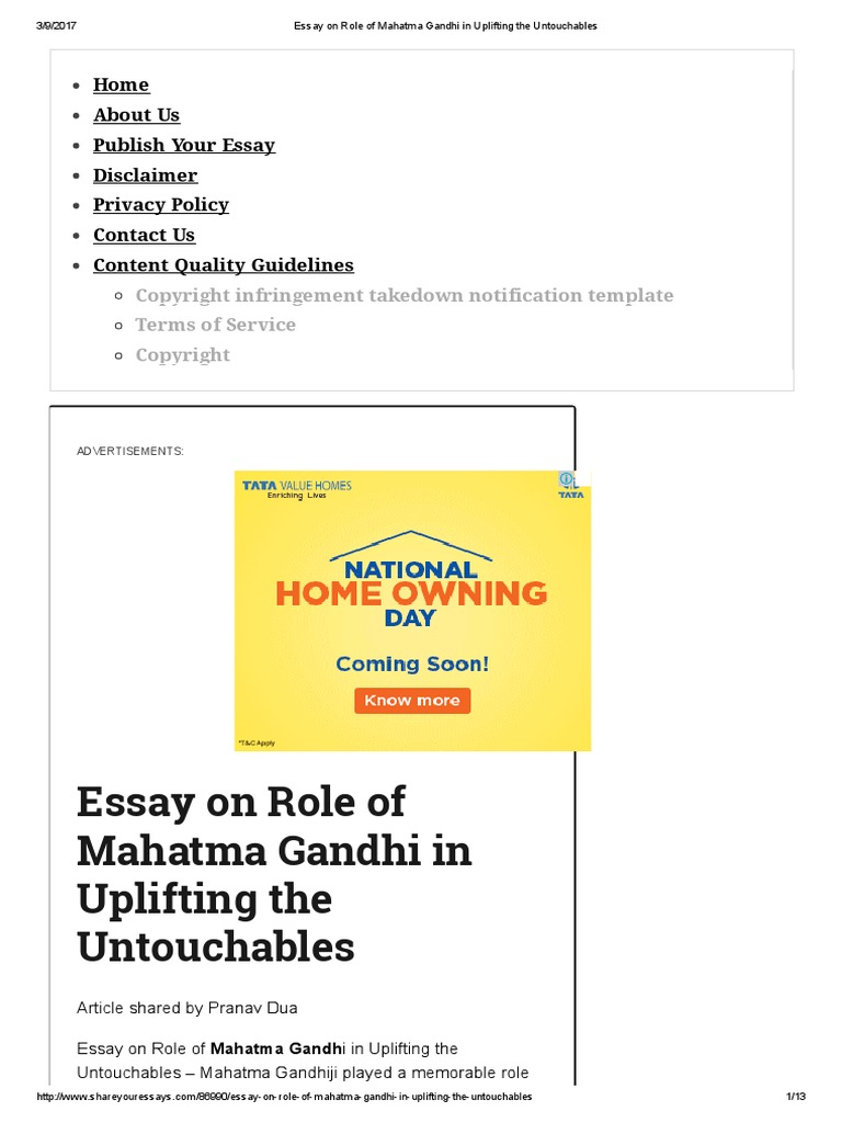 Essay On Role of Mahatma Gandhi in Uplifting The Untouchables | PDF ...