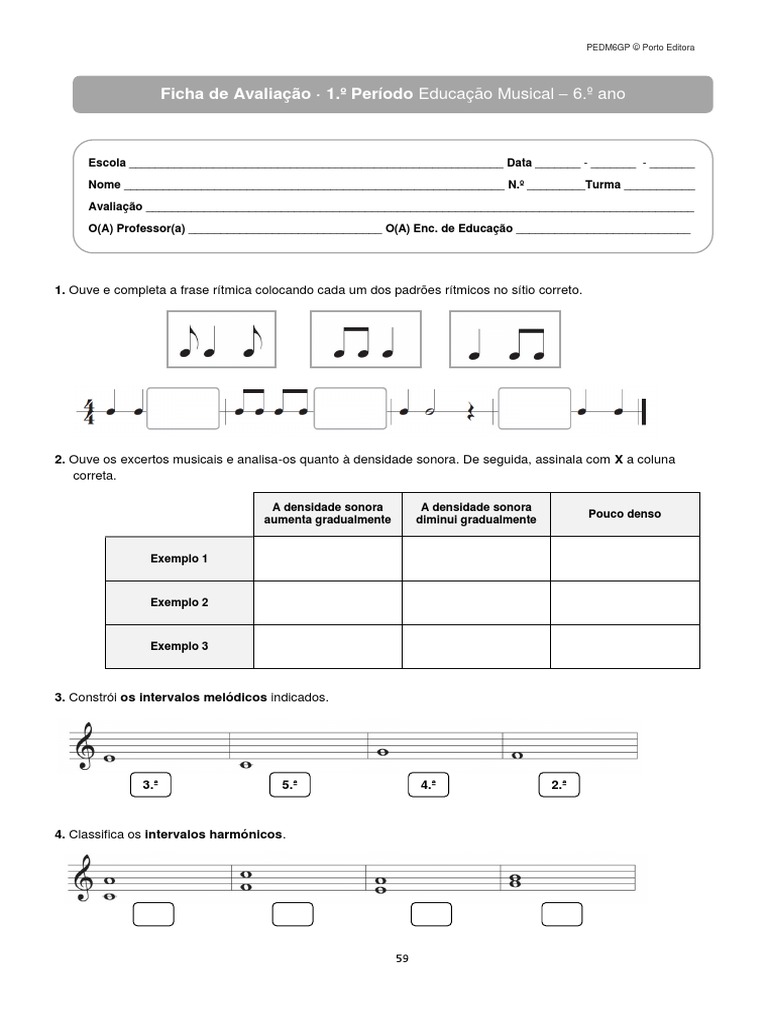 Ficha Avaliacao 1p Musica | PDF | Composições musicais | Musicologia