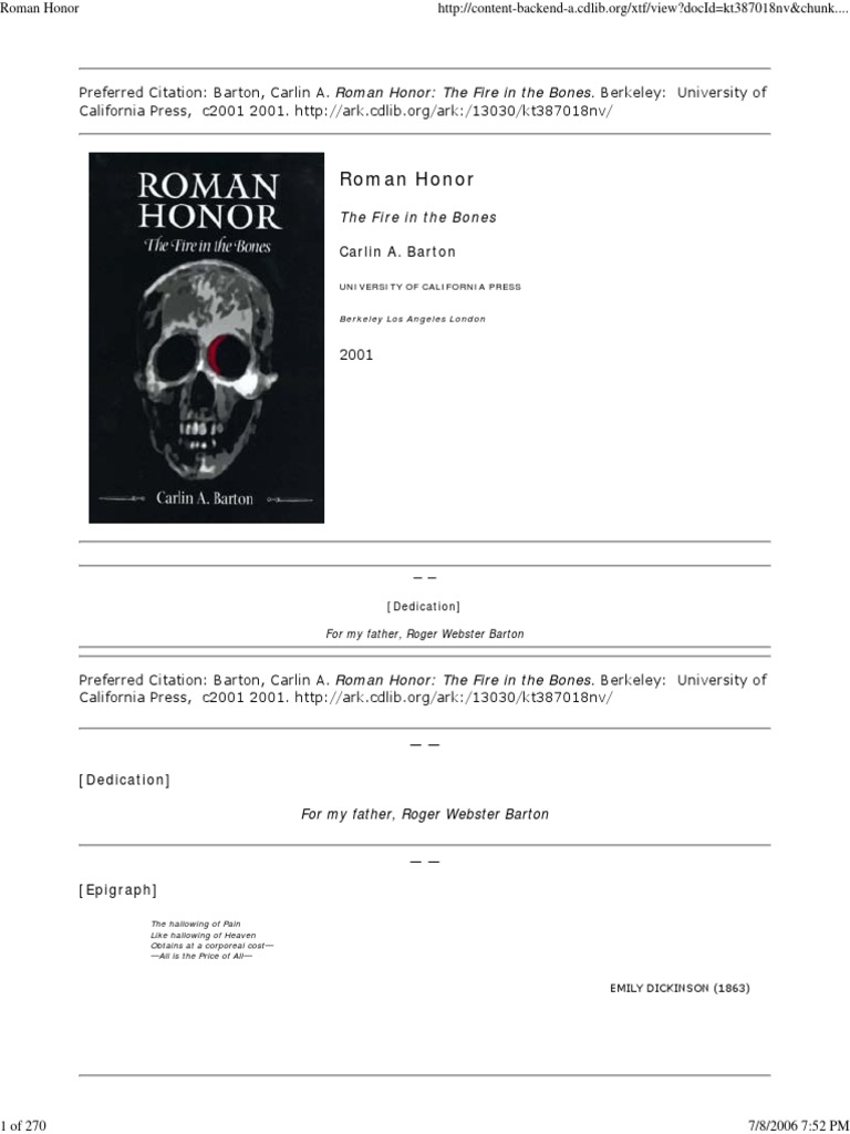Barton, Carlin A. Roman Honor PDF Emotions Thought