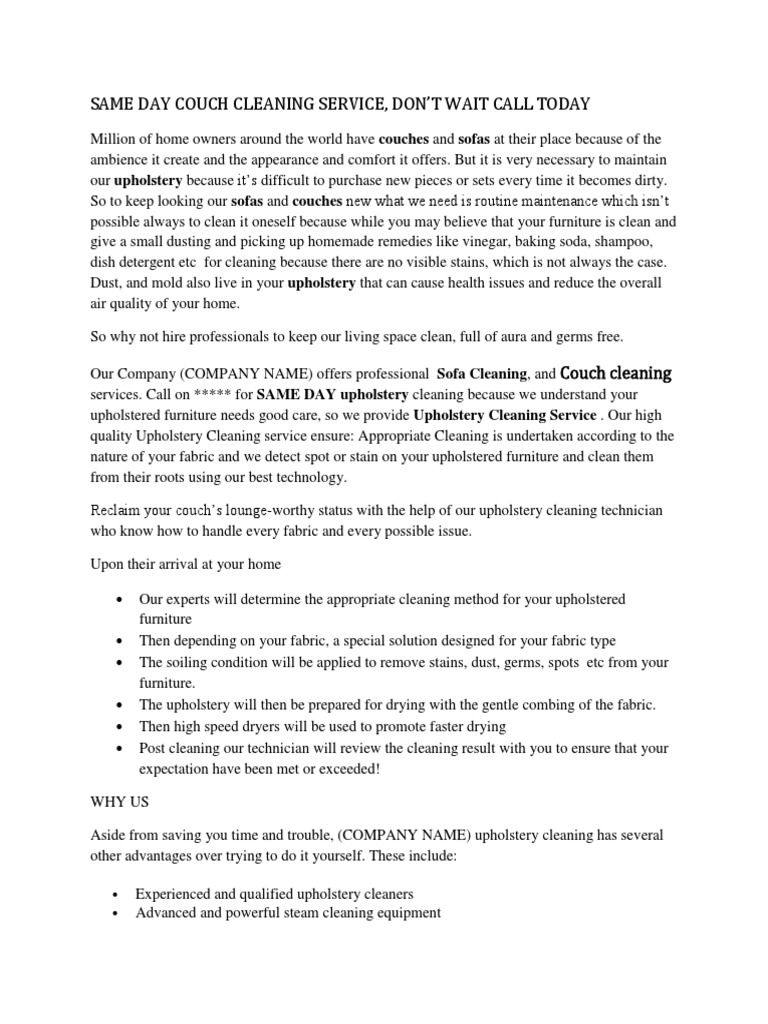 Same Day Couch Cleaning Service, Don'T Wait Call Today PDF Couch