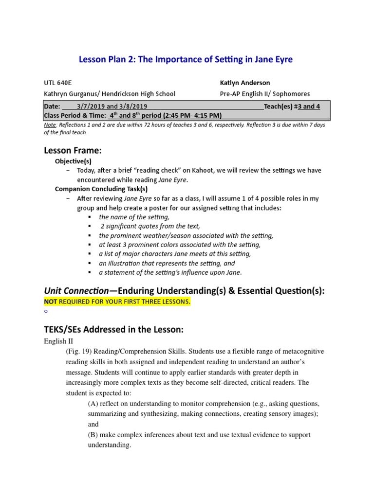 Lesson Plan 2 The Importance of Setting in Jane Eyre PDF Cognition