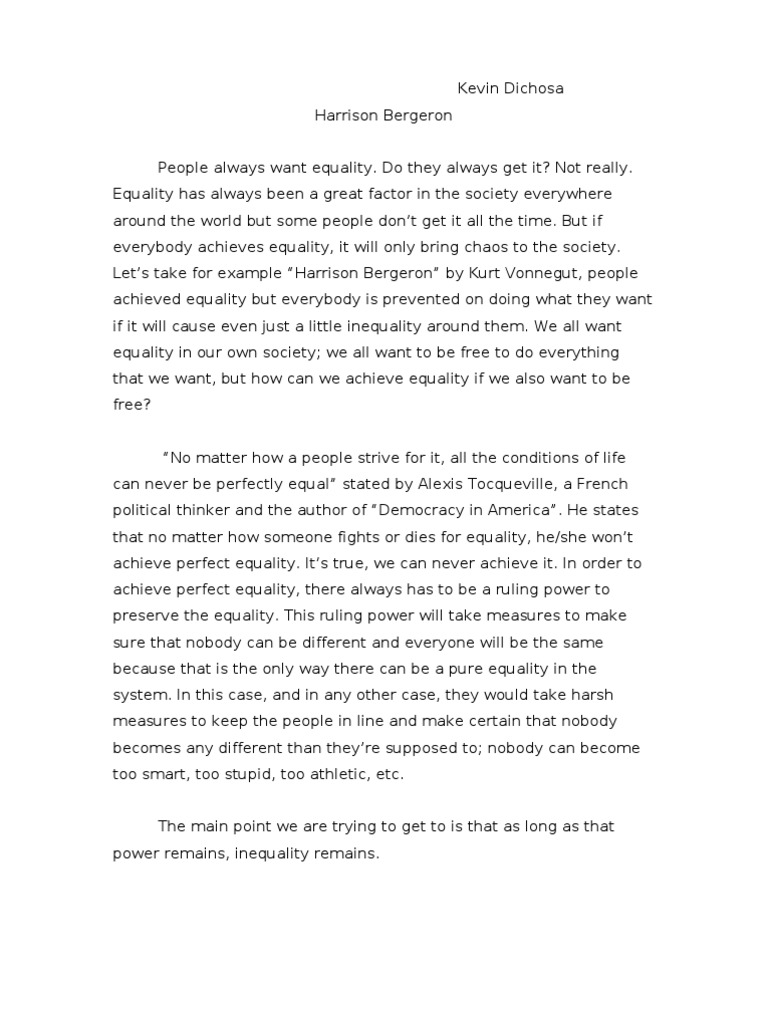 Harrison Bergeron Essay PDF Democracy In America Economic Inequality