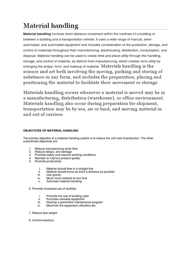 Material Handling Material Handling Involves ShortDistance Movement Within The Confines of A