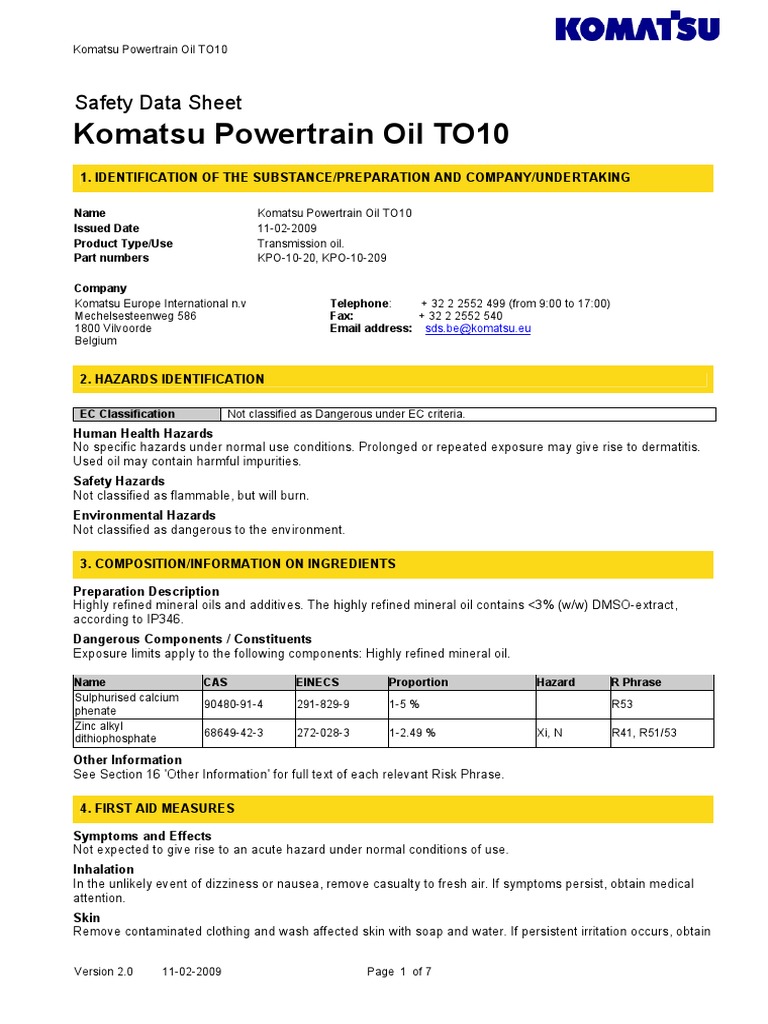 Komatsu Powertrain Oil TO10 Personal Protective Equipment Dangerous