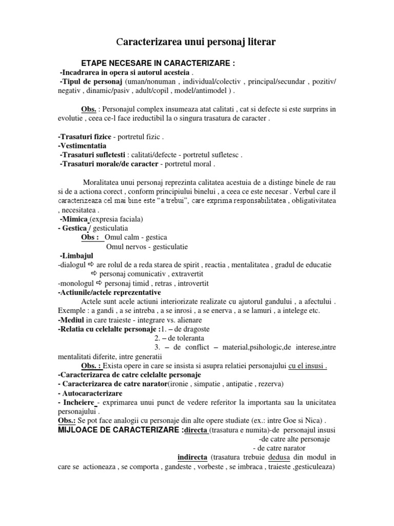 Fisa de Caracterizare A Unui Personaj Literar | PDF