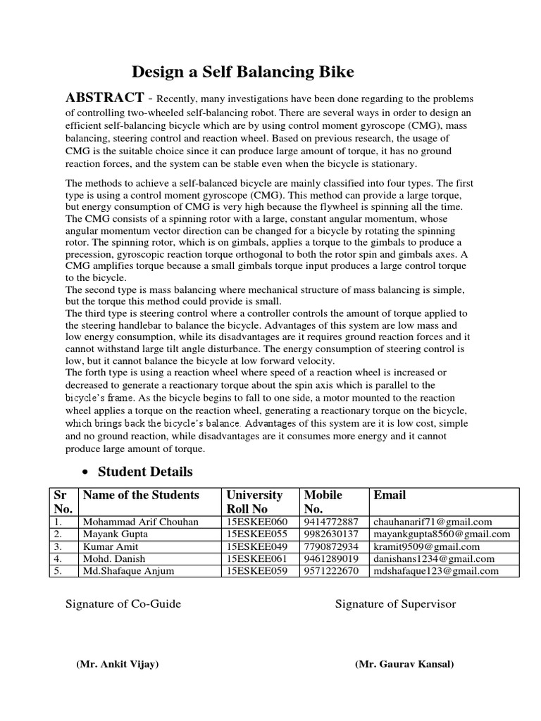 Abstract On Design A Self Balancing Bike | PDF | Machines | Classical ...