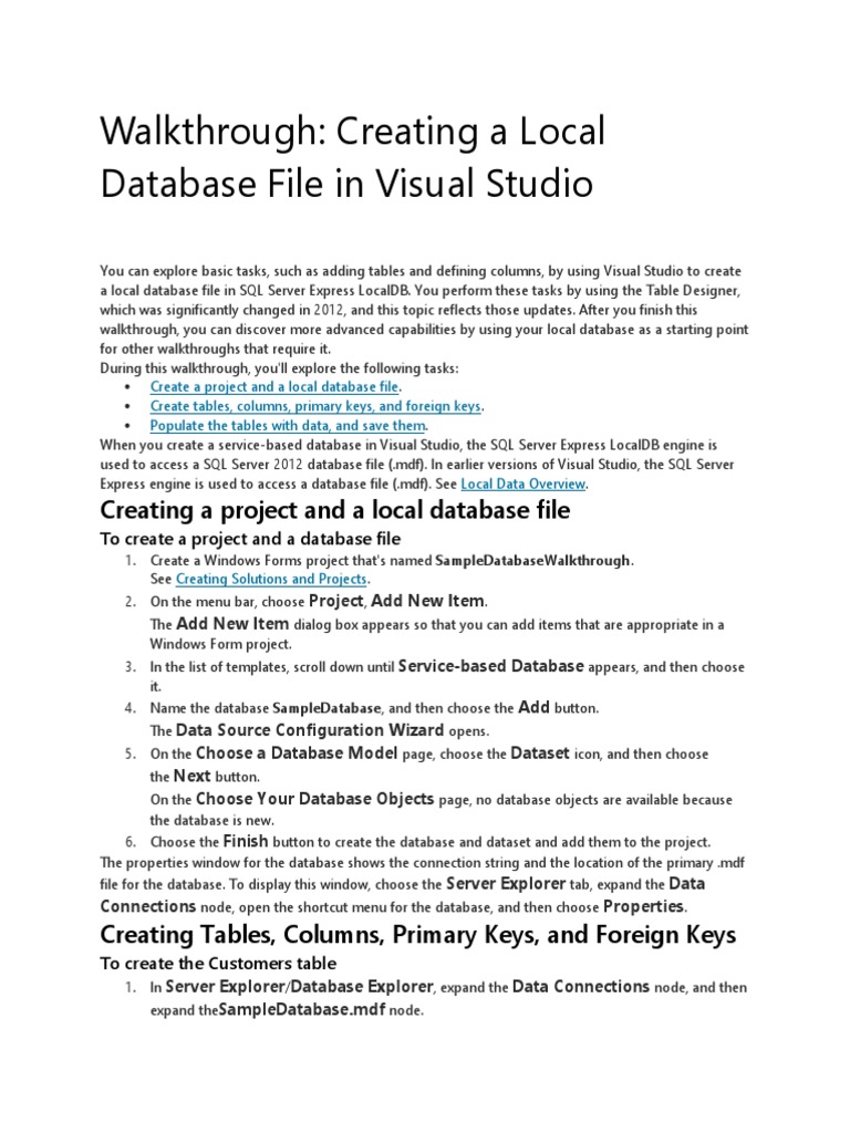 Walkthrough: Creating A Local Database File in Visual Studio | PDF ...