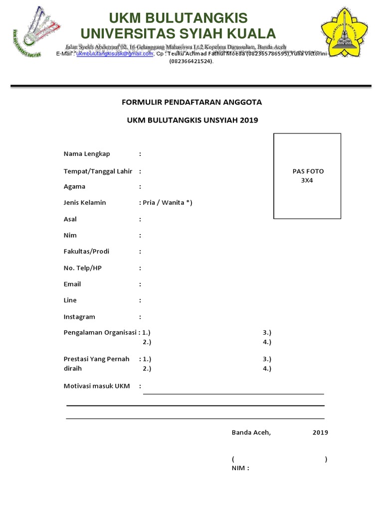 Formulir Pendaftaran Bulutangkis Unsyiah 2019 Dikonversi Pdf