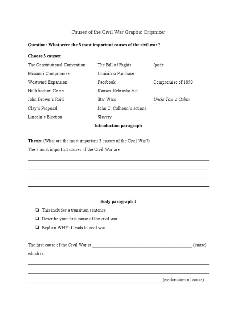 Causes of The Civil War Graphic Organizer | PDF | American Civil War ...
