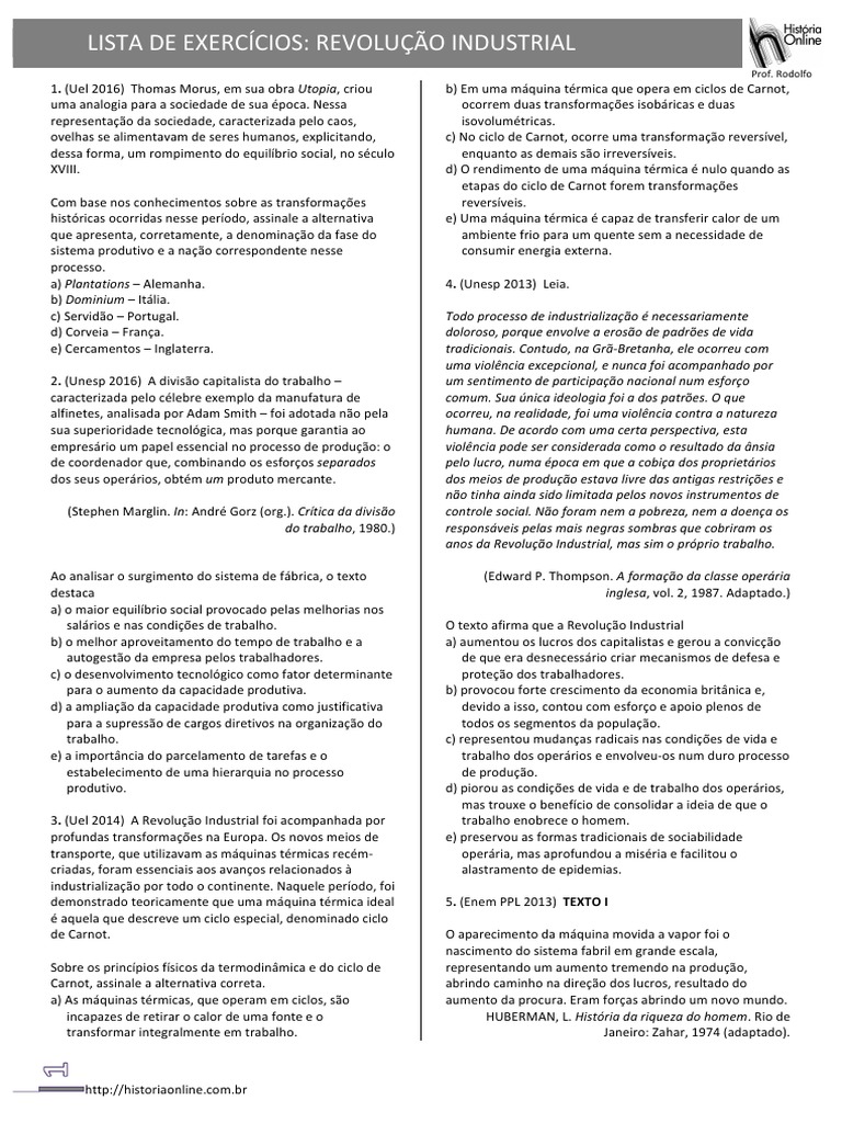 Atividades sobre Revolução Industrial | Revolução Industrial | Indústrias