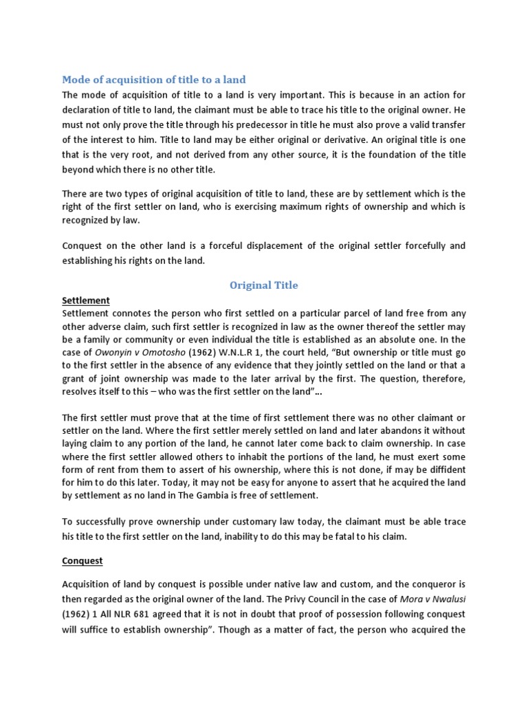 An InDepth Examination of the Various Modes of Acquiring Title to Land Under Customary Law in