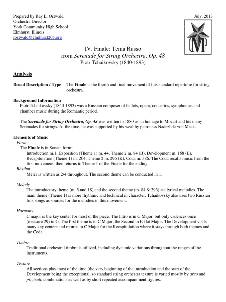 Tchaikovsky Serenade For Strings Analysis PDF Pyotr Ilyich