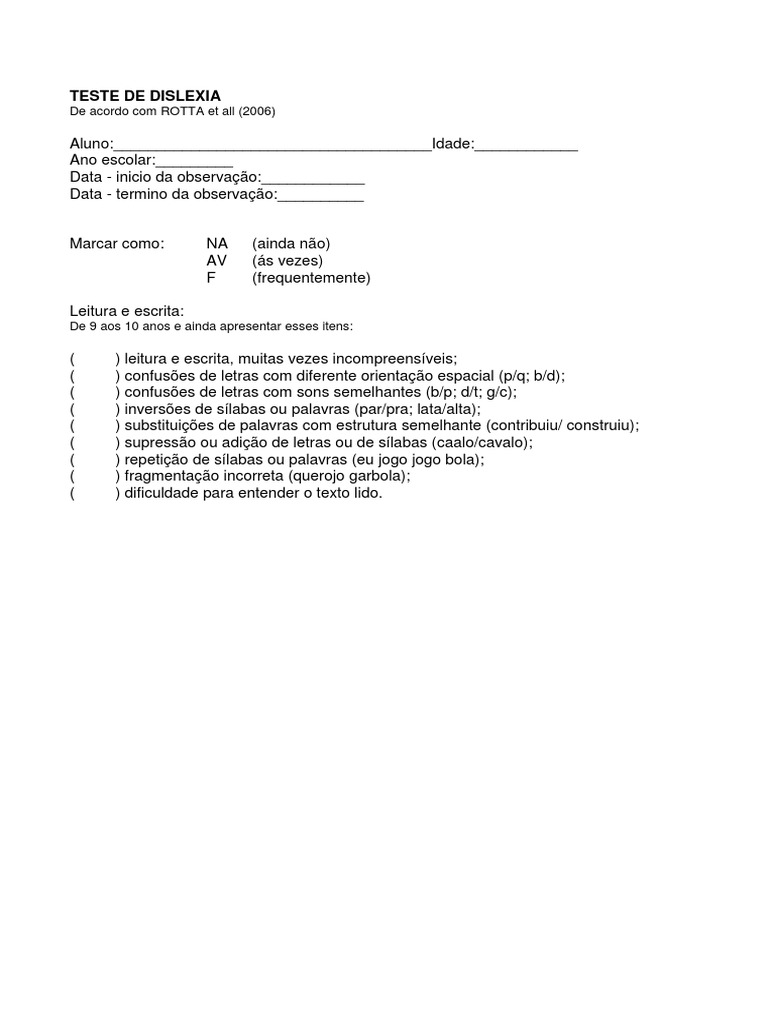 Teste de Dislexia PDF | PDF | Dislexia | Comunicação humana