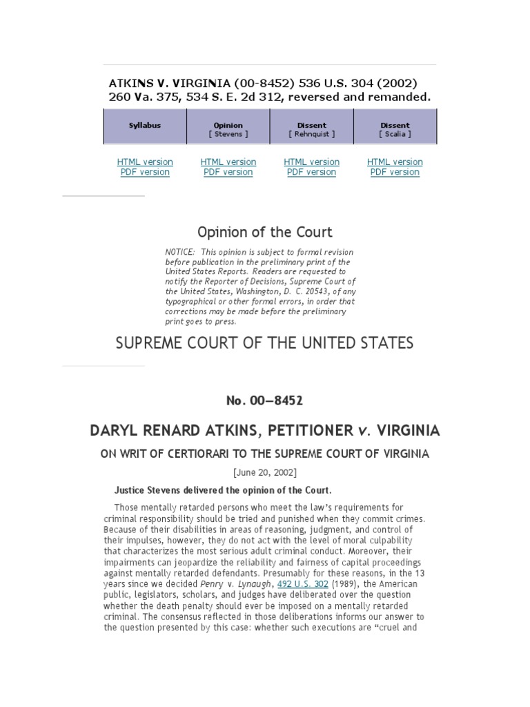 Atkins Vs Virginia PDF Eighth Amendment To The United States