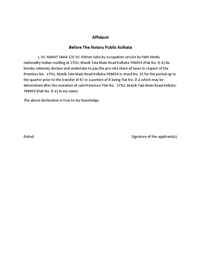 Affidavit Before The Notary Public Kolkata PDF