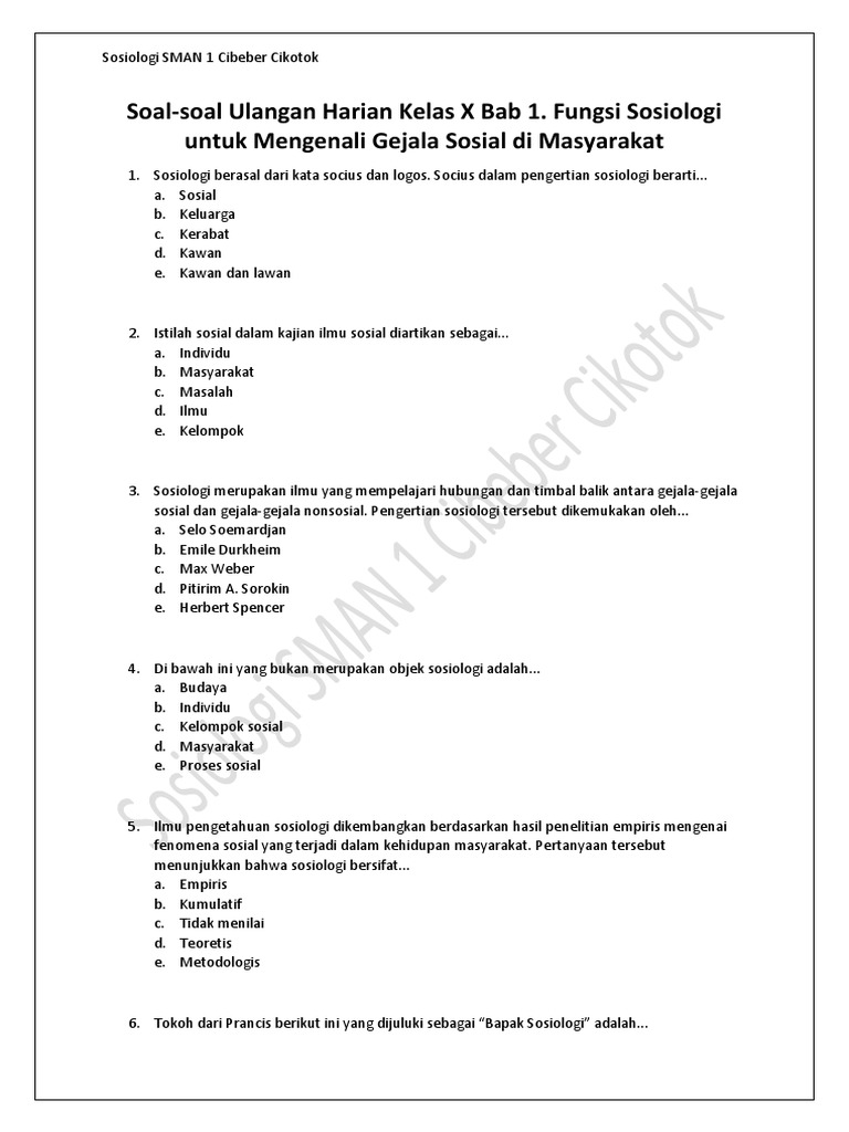 Soal Soal Ulangan Harian Kelas X Bab 1 Fungsi Sosiologi Untuk Mengenali Gejala Sosial Di Masyarakat