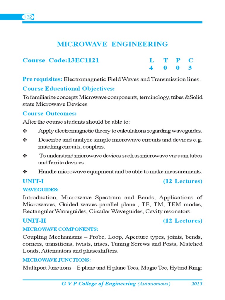 Microwave Engineering Course Code13EC1121 L TPC 4 0 0 3 PDF