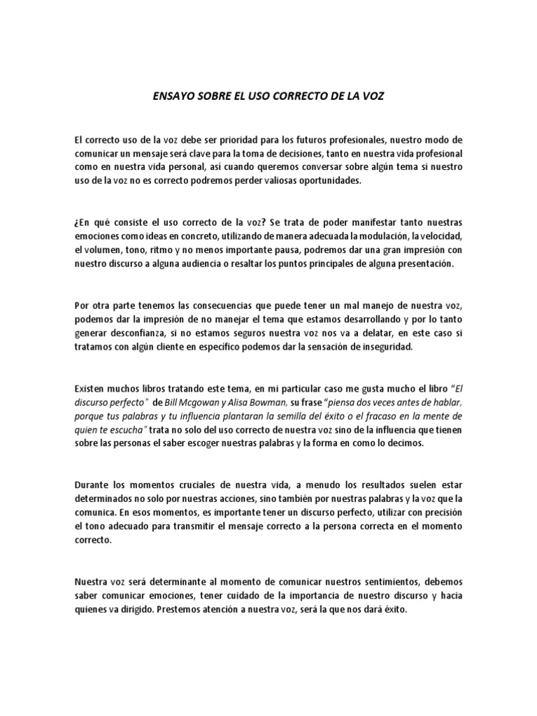 Ensayo Sobre El Uso Correcto de La Voz | PDF