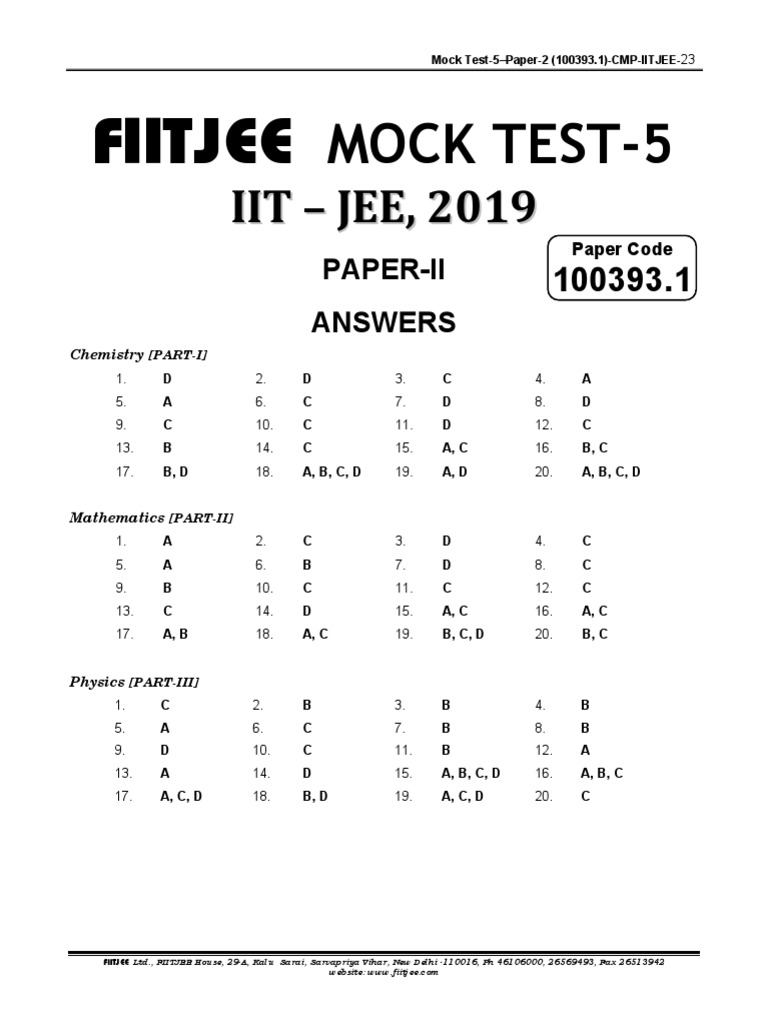 FIITJEE Mock Test 5 Paper 2 Answers | PDF