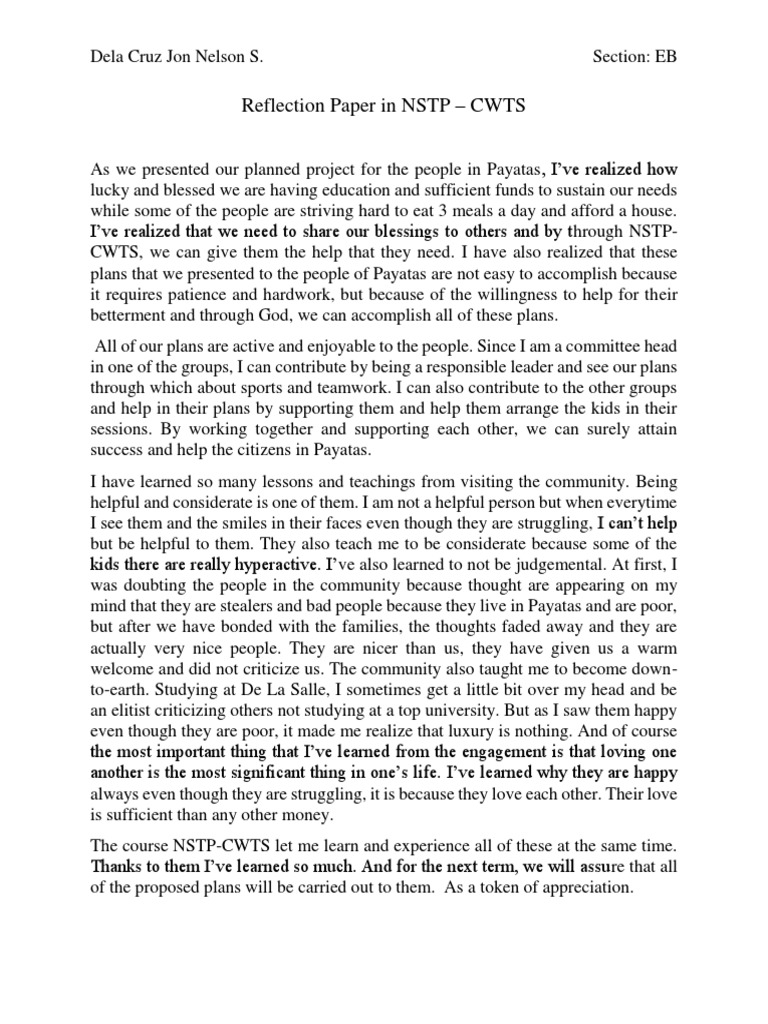 Reflection on NSTP-CWTS Community Service | PDF | Self-Improvement ...
