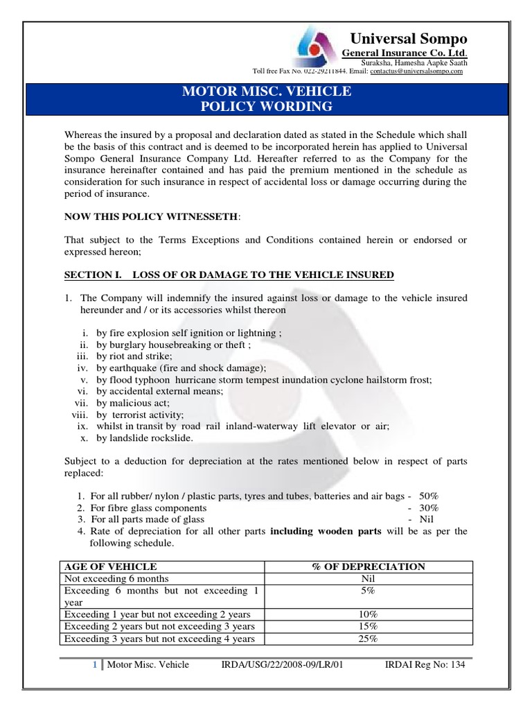 Motor Miscellaneous Carrying VehiclePolicy Wording Download Free PDF
