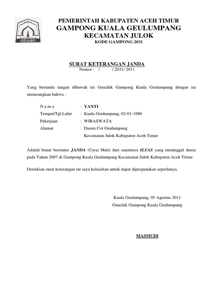 Surat Keterangan Janda