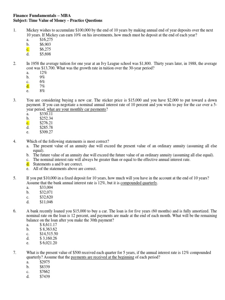 TVM Practice Questions for MBA Students | PDF | Present Value ...