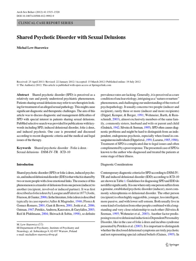 Shared Psychotic Disorder With Sexual Delusions A Case Report And Discussion Of Diagnostic And