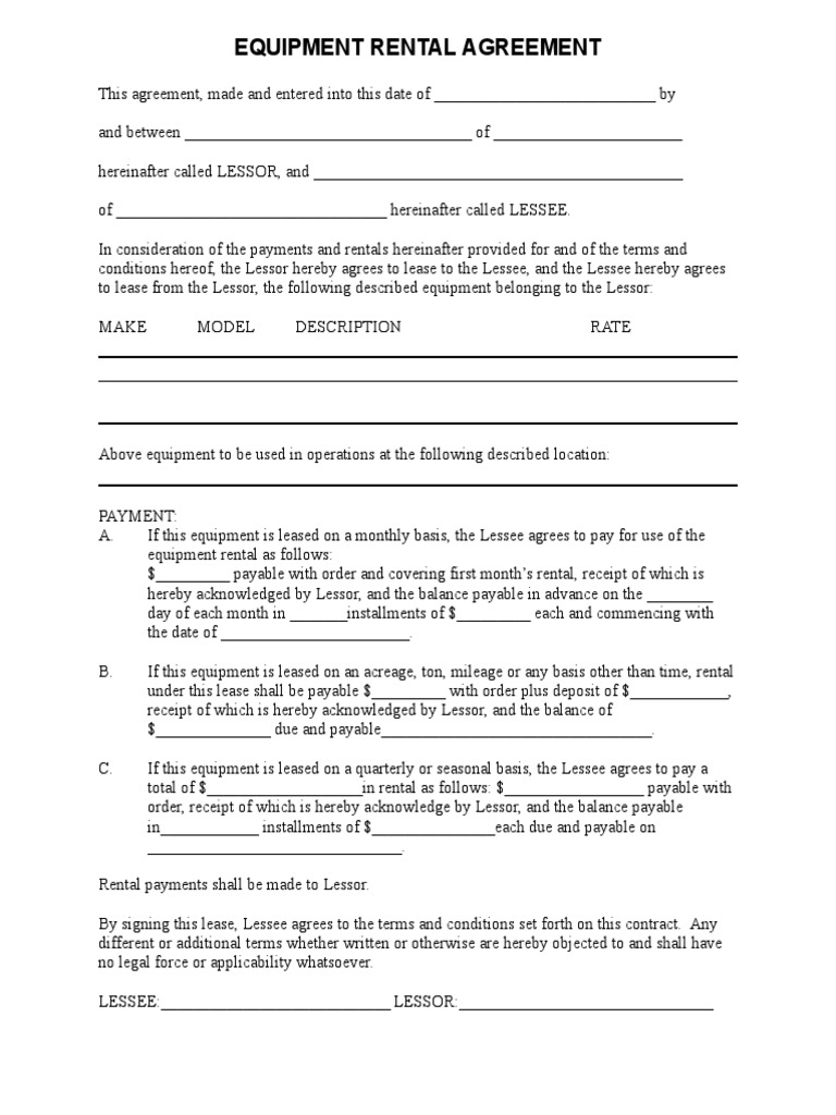 Equipment Rental Agreement | PDF