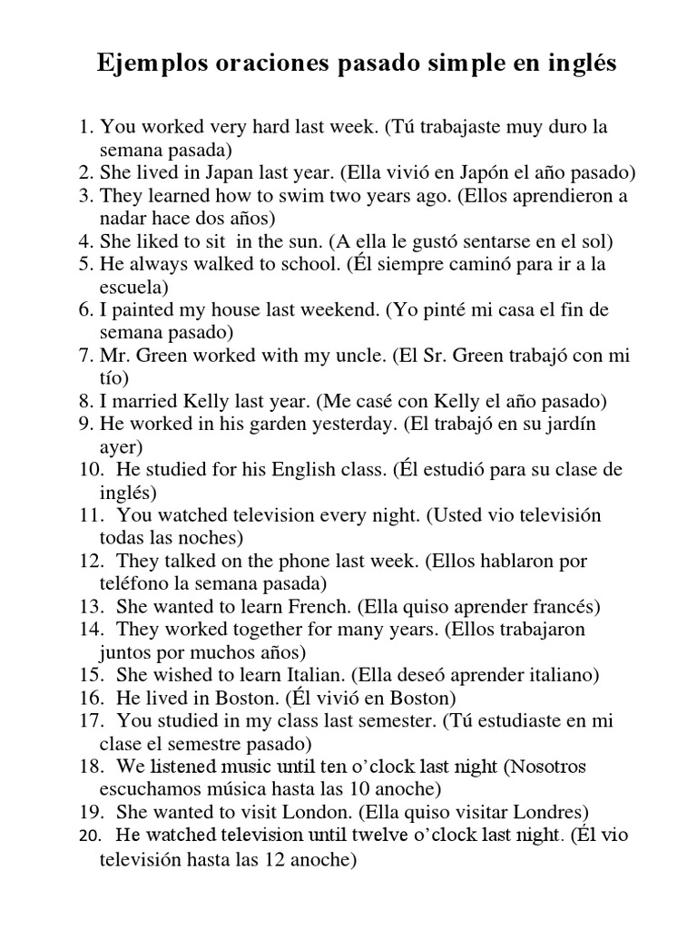 Ejemplos Oraciones Pasado Simple en Inglés PDF