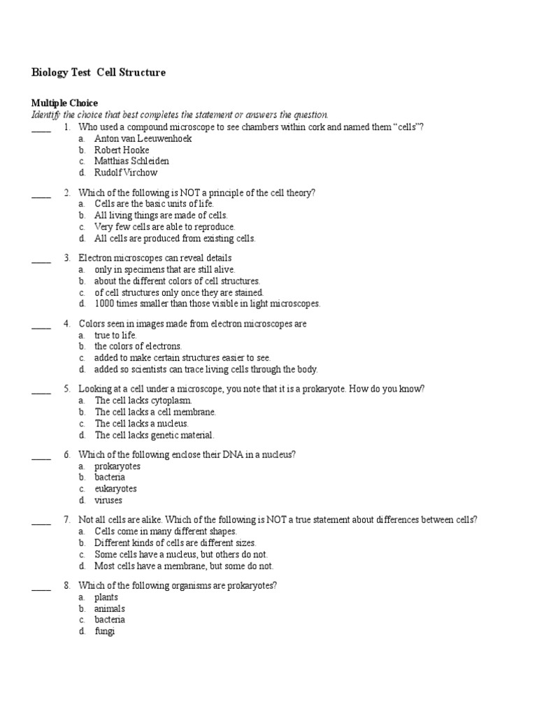 Biology Test: Cell Structure Quiz | PDF | Cell Nucleus | Cell (Biology)