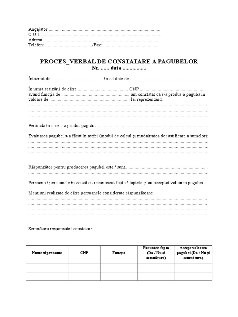 Proces Verbal De Constatare Si Evaluare A Pagubelor