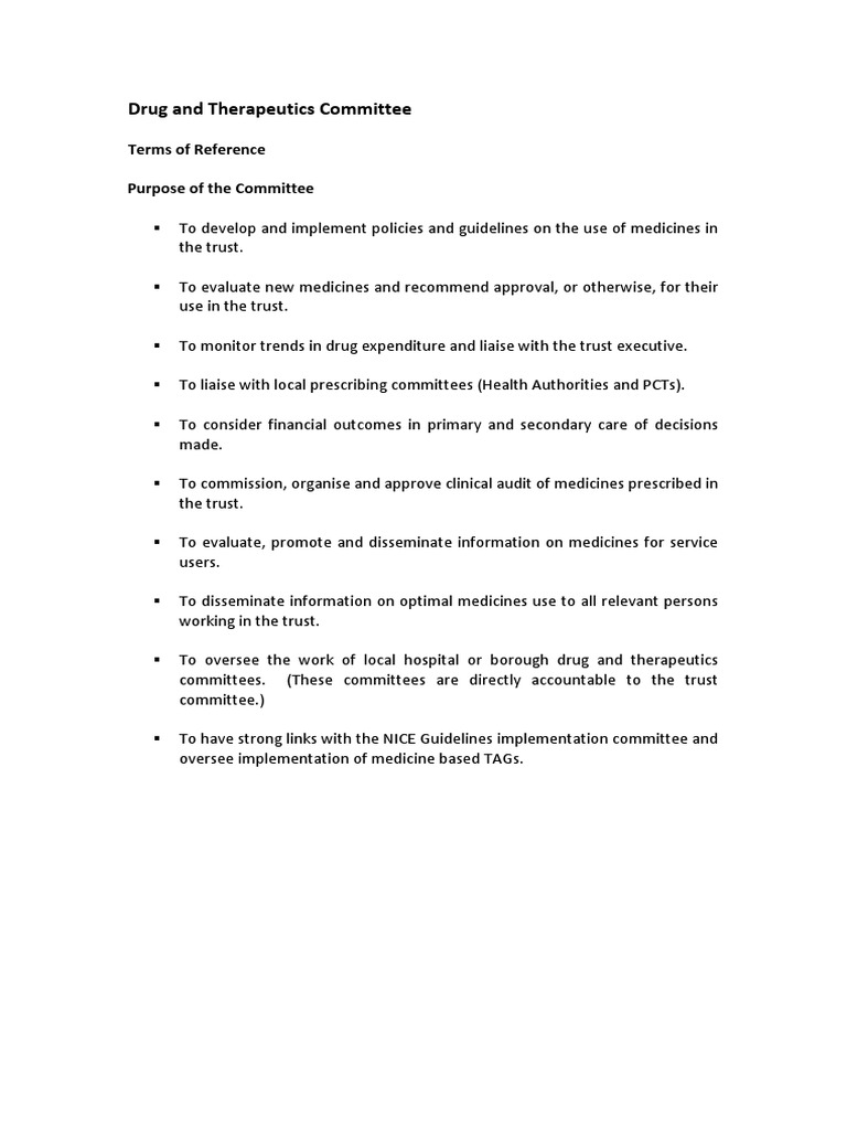 Drug and Therapeutics Committee - ToR | PDF | Pharmacy | Health Care